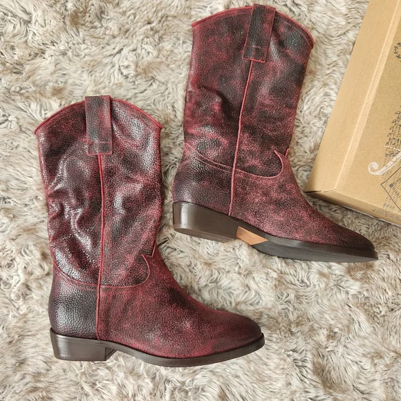 Free People Pepper Pull-on Boots in Dylan Sunset Red Distressed